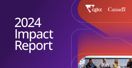 Page that says CGLCC's 2024 Impact Report. Words are in white, on a purple background. On the right side of the page there are two round graphic elements outlining red to purple gradients. CGLCC and Government of Canada logos are in white on the top right. A photo of four people sitting on chairs in a row and talking is in the bottom right.